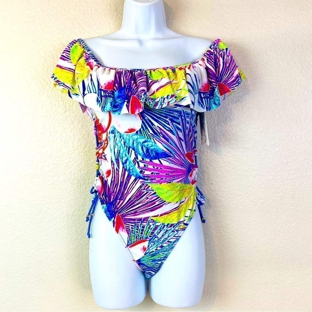 TiniBikini Tropical Palm Off The Shoulder Ruffle One Piece Swimsuit Size M